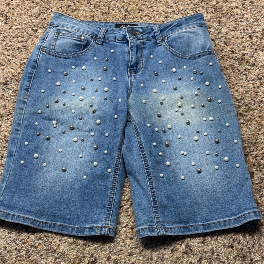 Earl Jeans Womens Pearl & Stud Embellished Denim Bermuda Shorts Size 6